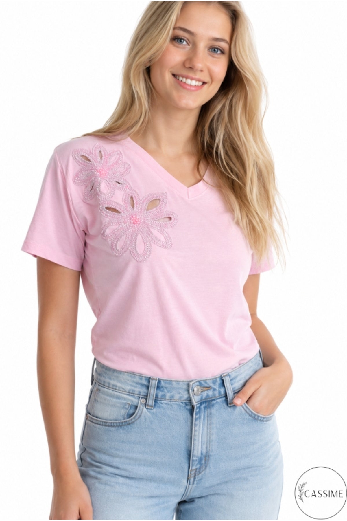 Emma Women's Cotton Embellished T-Shirt - Pink Floral Embroidery V-Neck