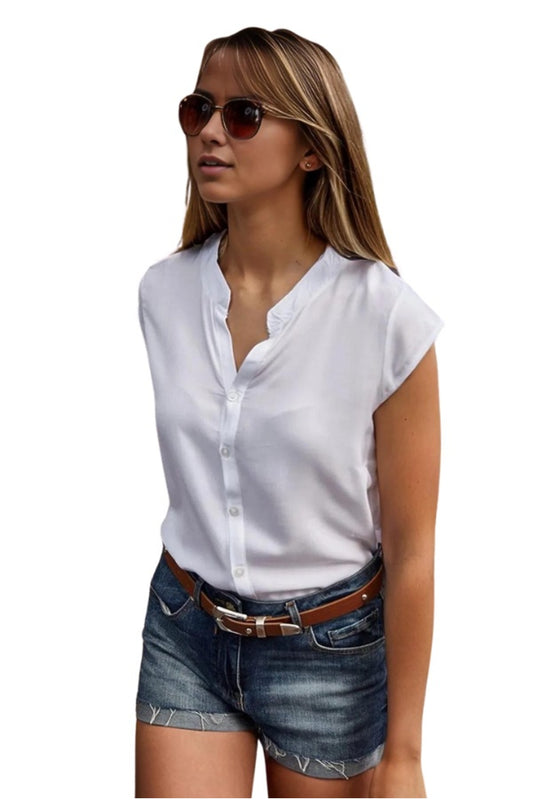 Joy Women's V-Neck Short Sleeve Button-Up Shirt - White