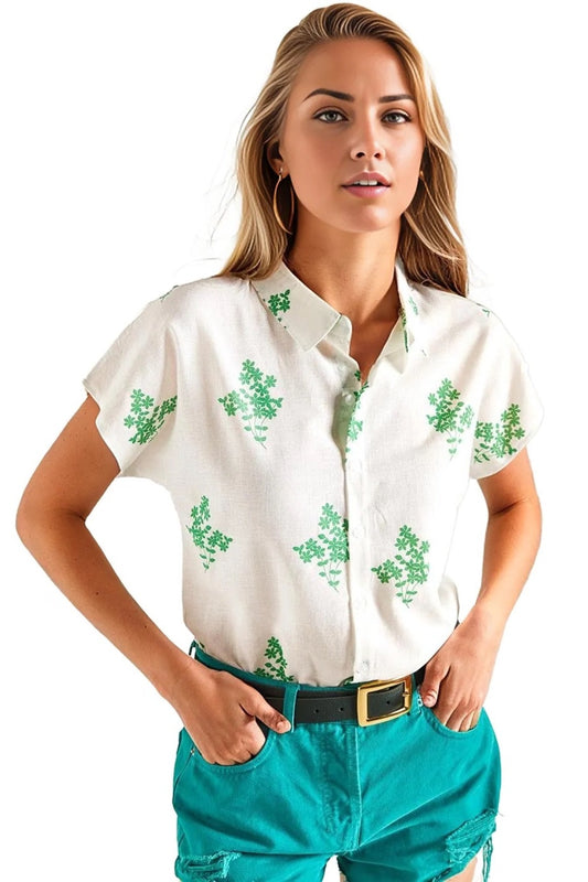 Elizabeth Women's Linen-Viscose Blend Short Sleeve Batwing Shirt - Green Floral
