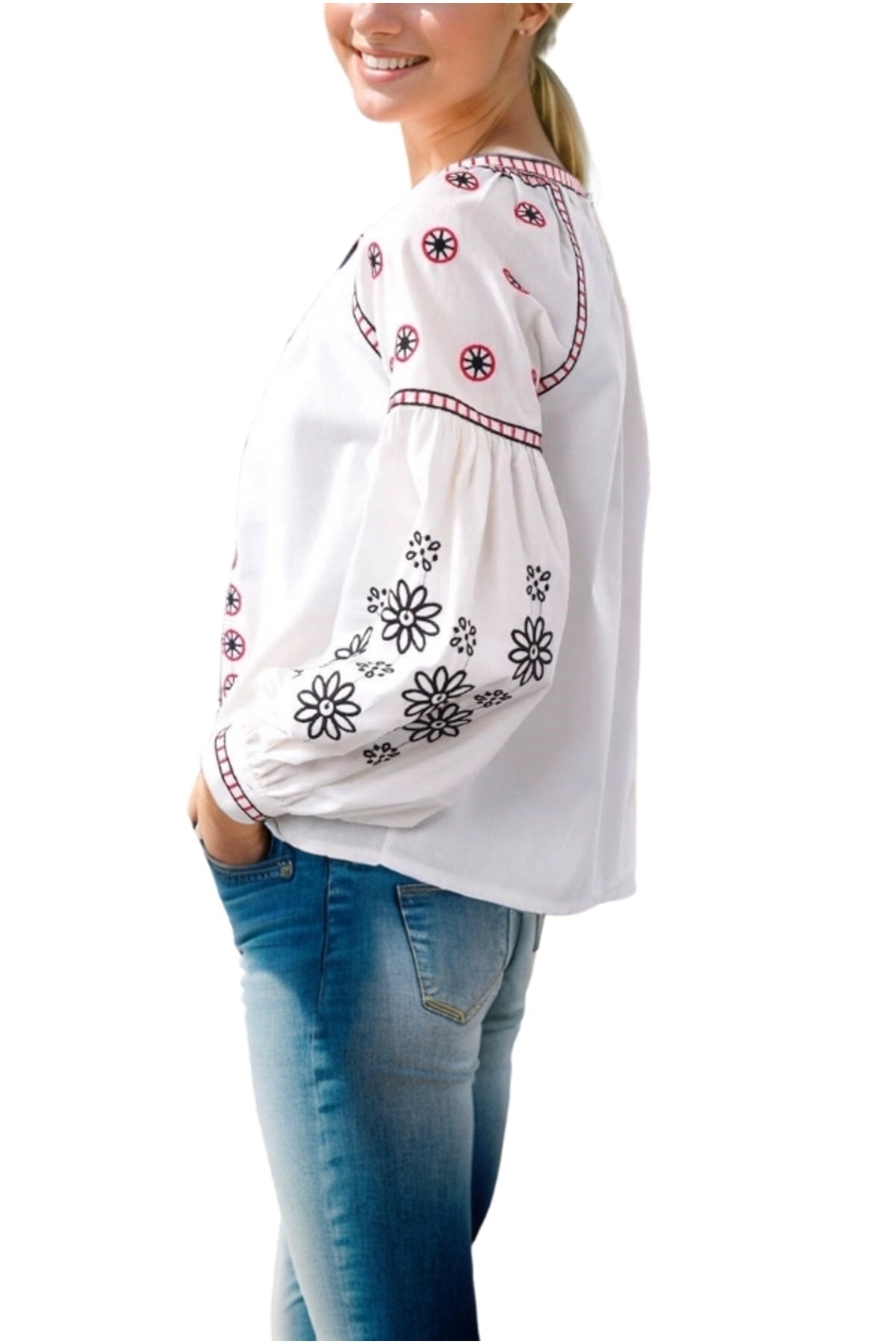 Rachel Women's Floral Embroidered Tassel Jacket - White with Pink Embroidery