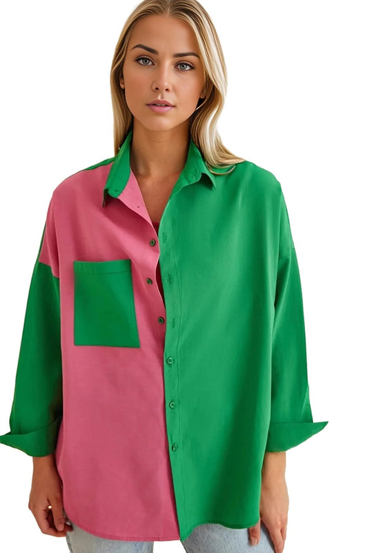 Joyce Women's Colorblock Button-Up Shirt - Green and Fuchsia