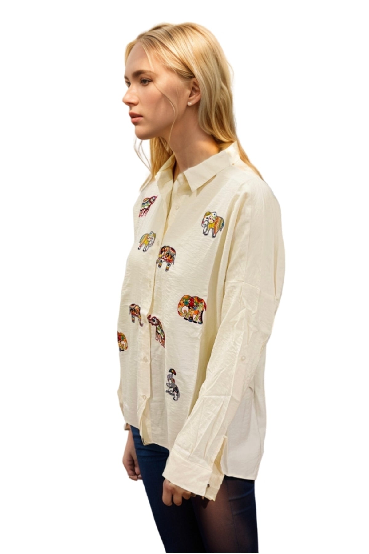Delilah Women's Cotton Oversized Embellished Long Sleeve Shirt - Cream Elephant