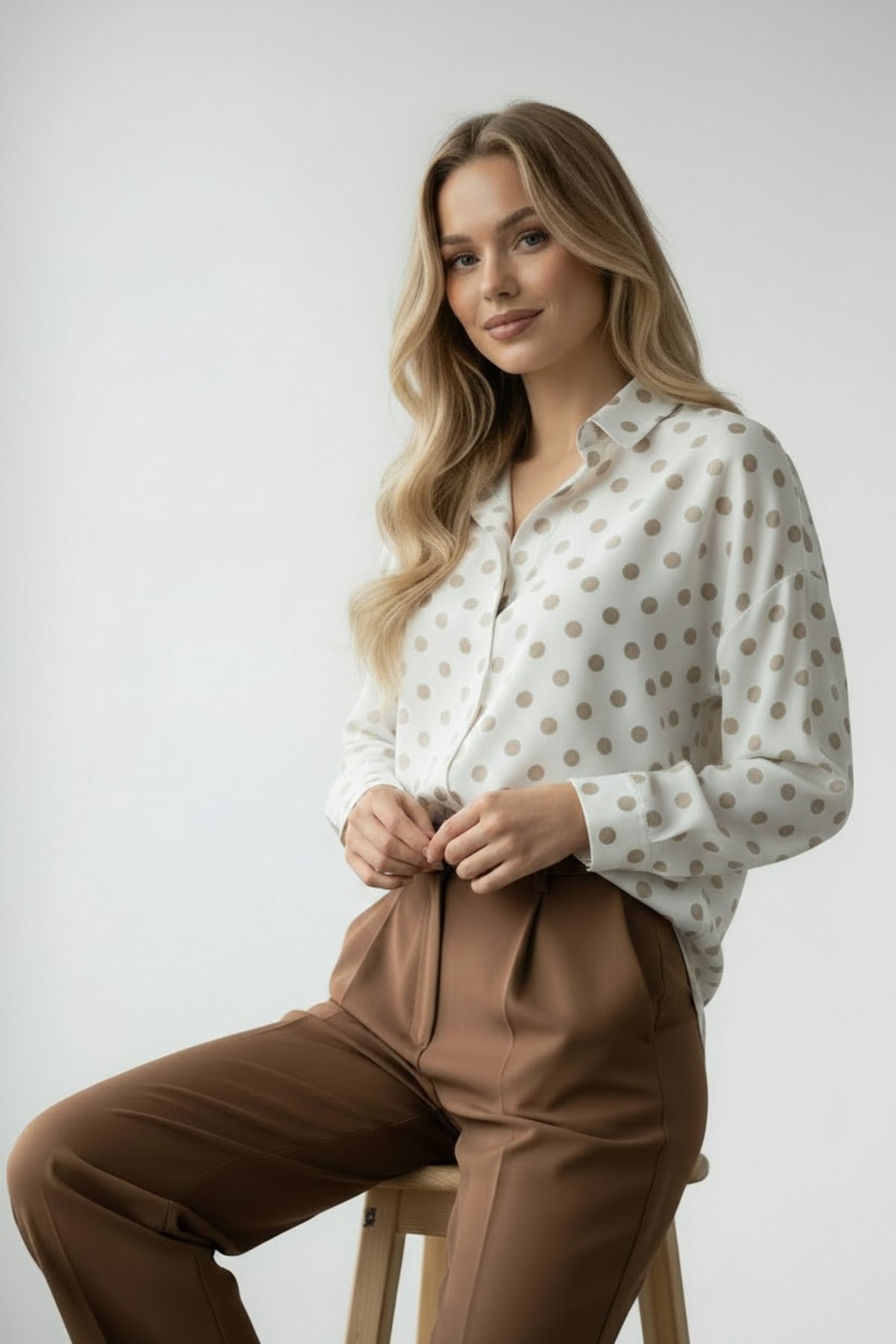 Amelia Women's Viscose Long Sleeve Button-Up Shirt - Cream with Light Brown Polka Dots