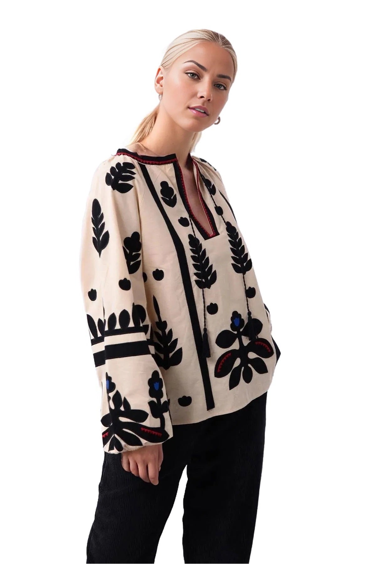 Paige Women's Cotton Embroidered Long Sleeve Woven Blouse - White with Beige Embroidery