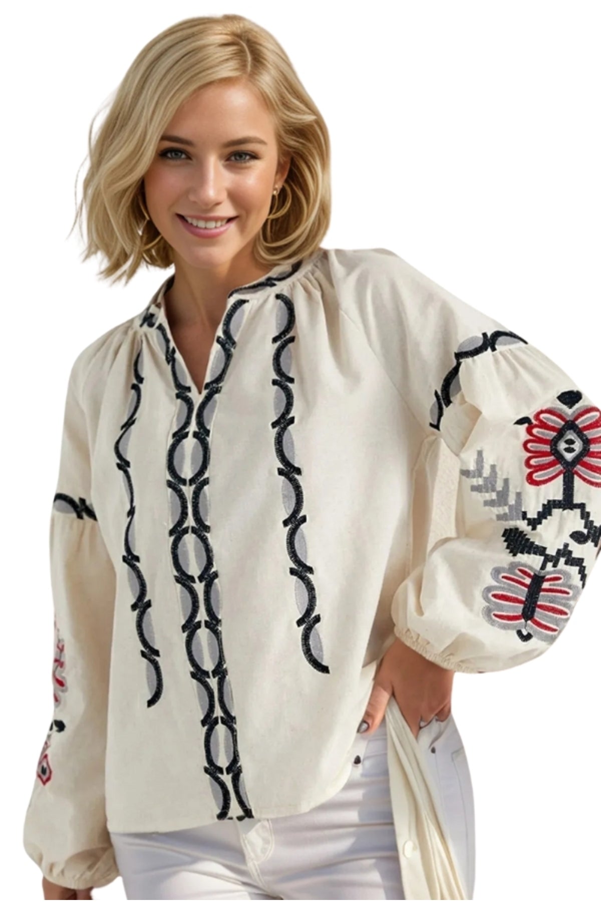 Rosa Women's Cotton Embroidered Long Sleeve Tie Blouse - Cream