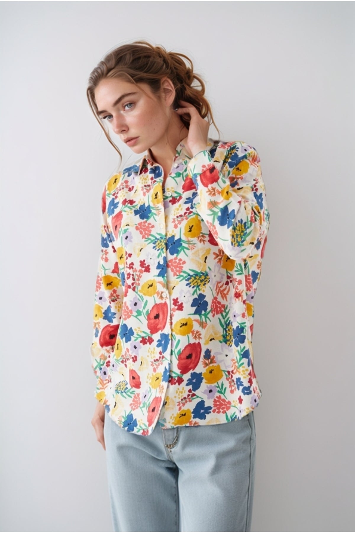 Emilia Women's Linen-Viscose Blend Oversized Printed Shirt - Red and Yellow Floral