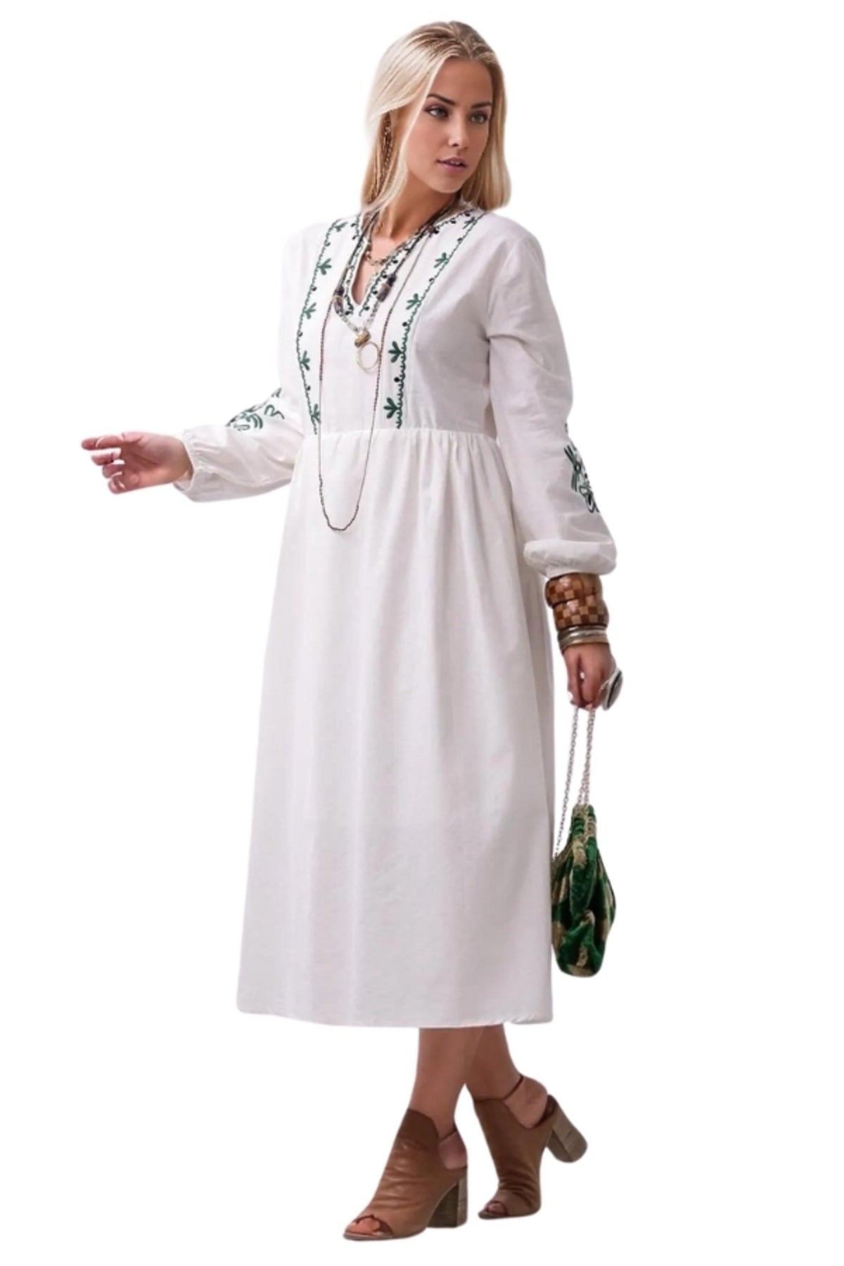 Maria Women's Embroidered Boho Split-Neck Dress - White with Green Embroidery