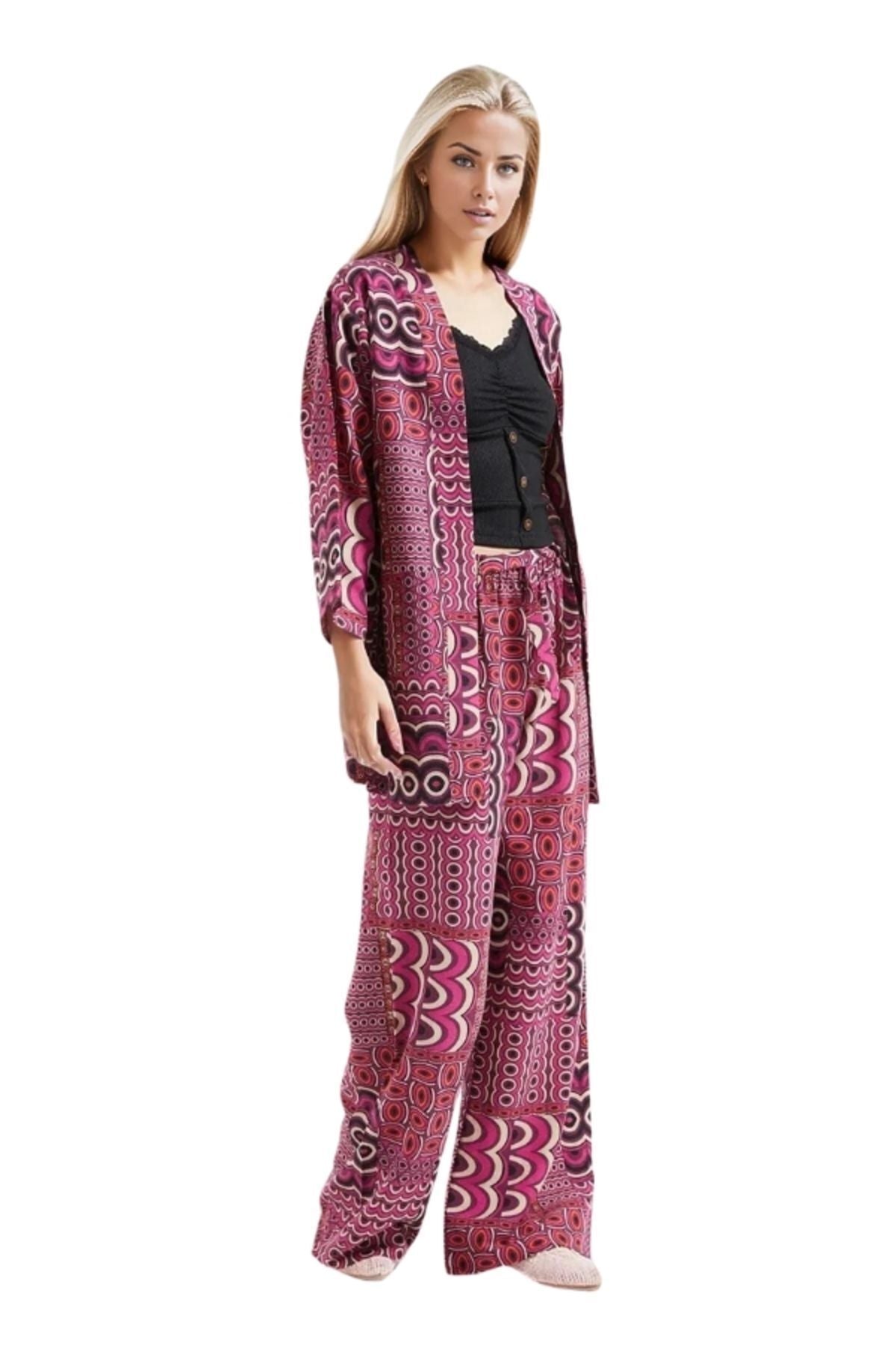 Catherine Women's Linen-Viscose Blend Relaxed Fit Kimono - Purple Geometric Print
