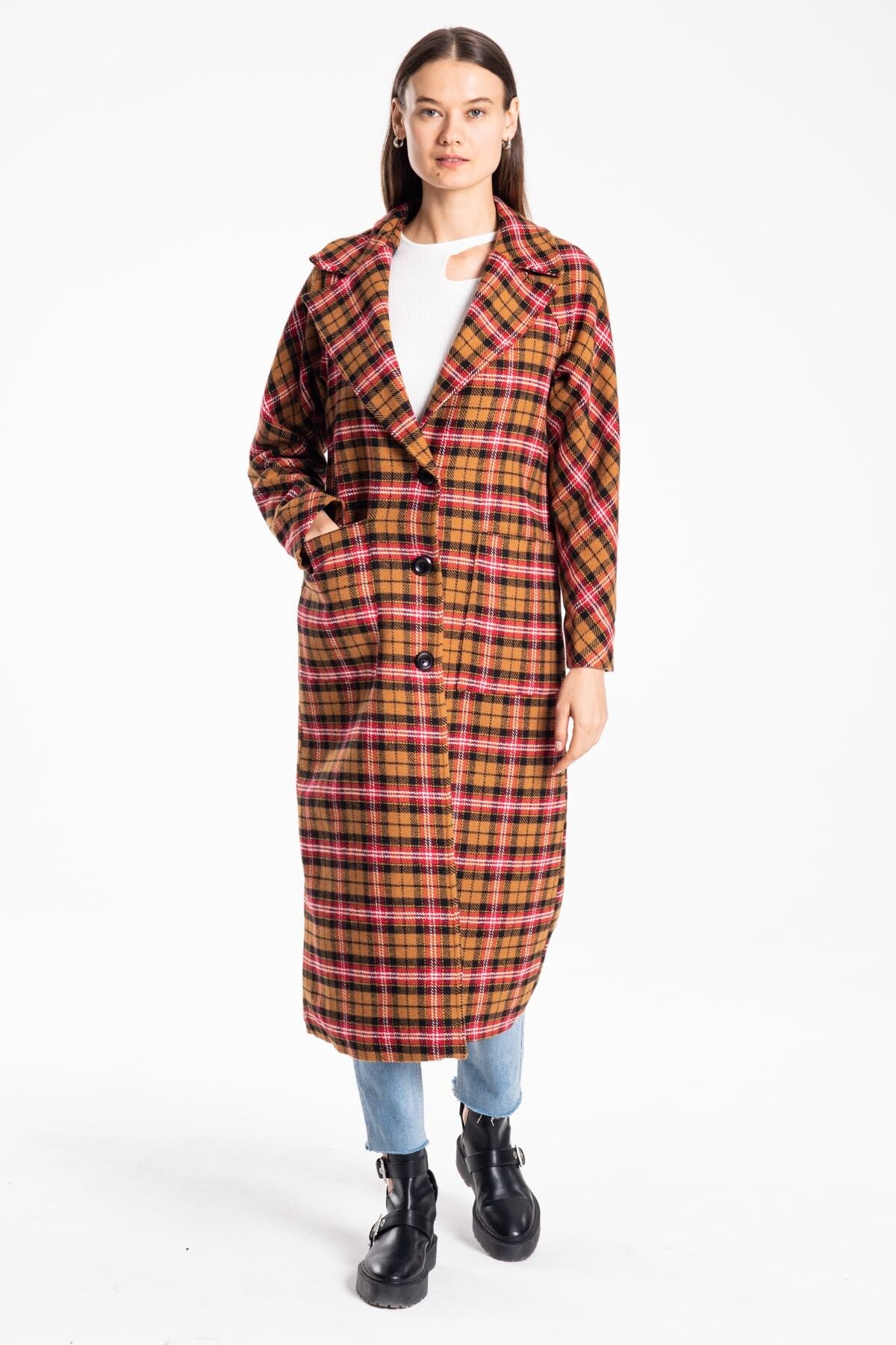 Frieda Women's Plaid Coat - Cognac Black Red - product image 5