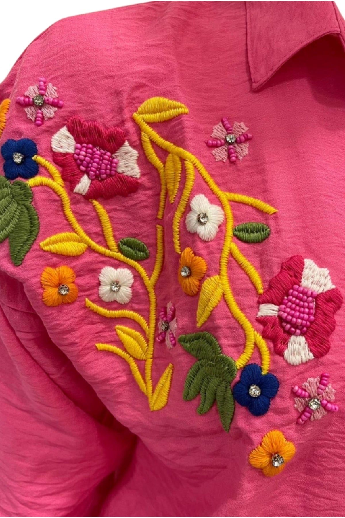 Claire Women's Floral Embellished Button-Up Shirt - Fuchsia Floral Embroidery