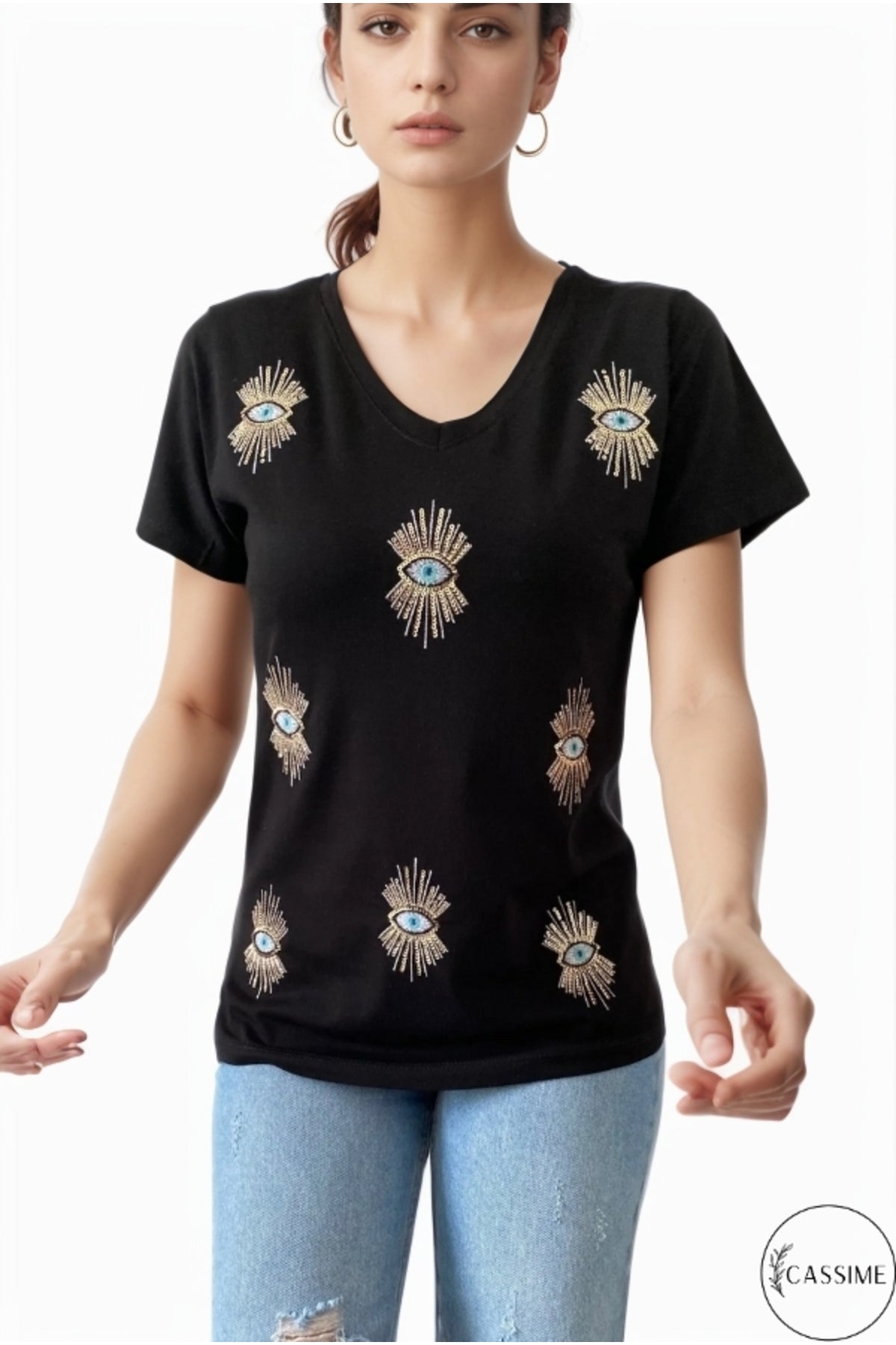 Olivia Women's Plus Size Embellished V-Neck T-Shirt - Black Evil Eye Sequin Embellishment