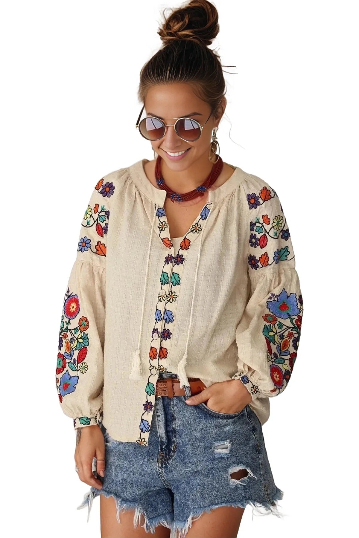 Rosemary Women's Floral Embroidered Sleeve Blouse - Beige