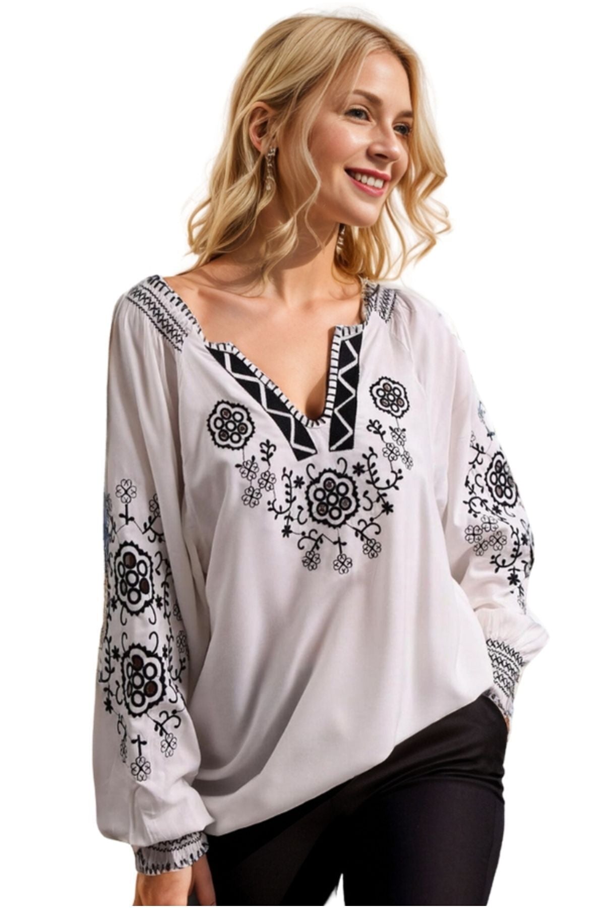 Ashley Women's Cotton Blend Floral Embroidered V-Neck Blouse - White