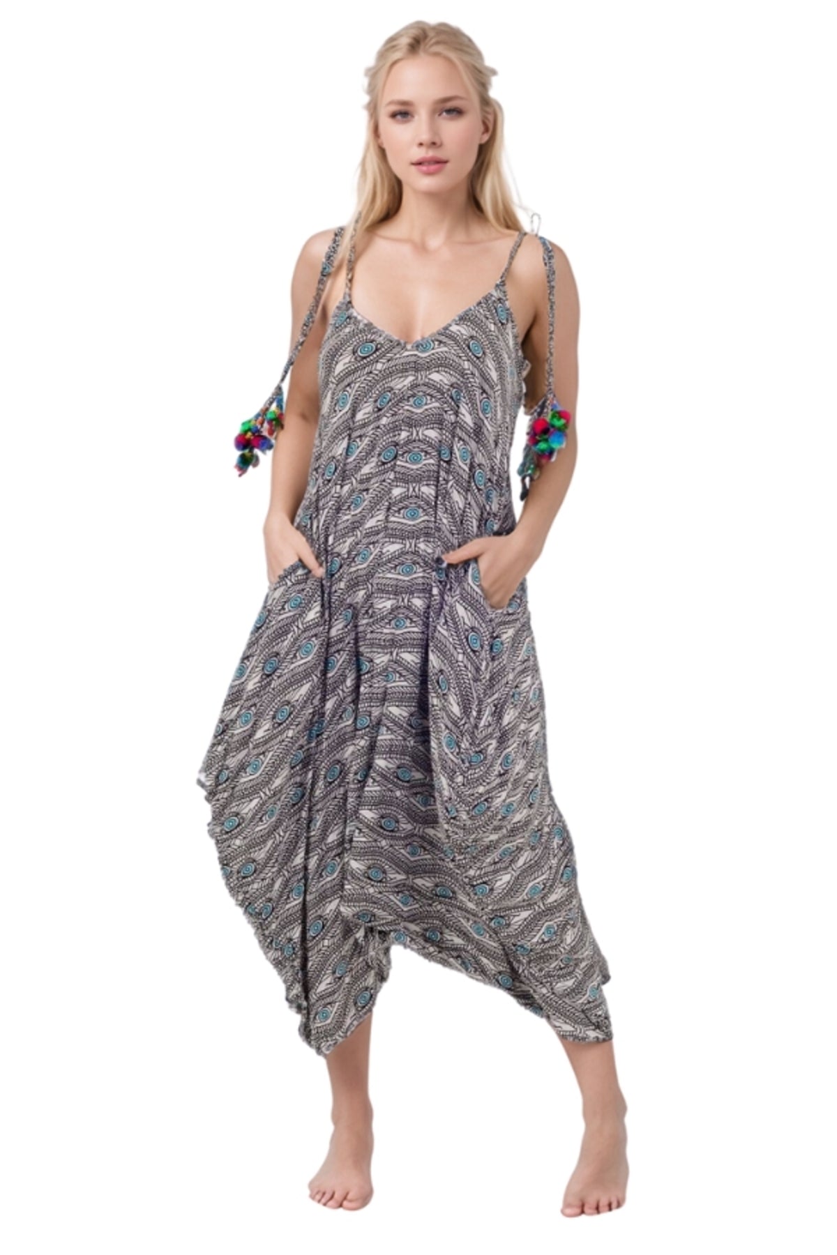 Julia Women's Evil Eye Pom-Pom Strap Jumpsuit - Gray
