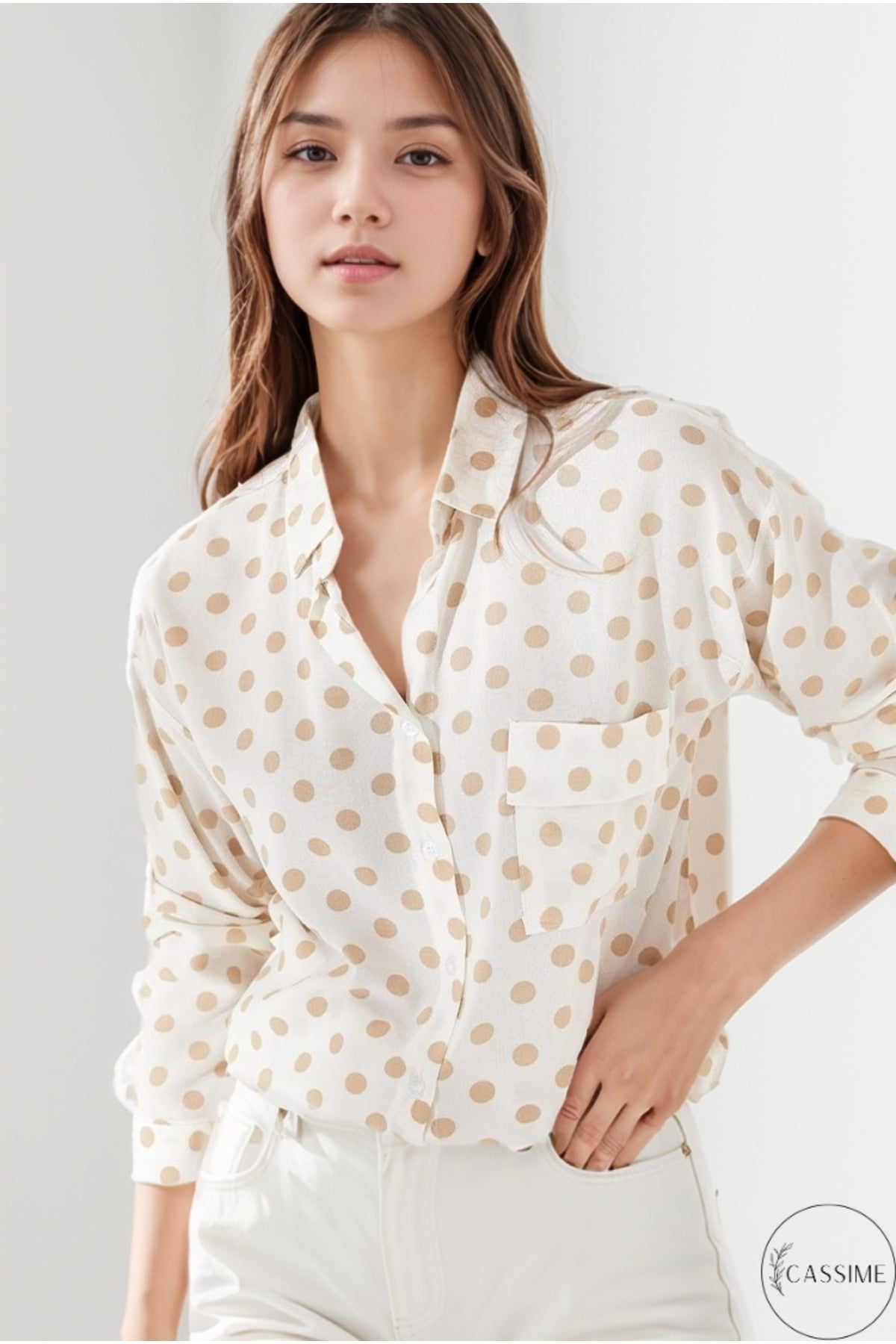 Iris Women's Viscose Relaxed Fit Pocket Shirt - Ecru with Beige Polka Dots