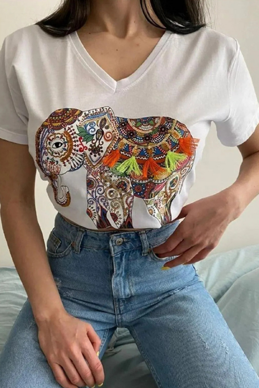 Tilda Elephant Floral Sequin Cotton T-Shirt - White