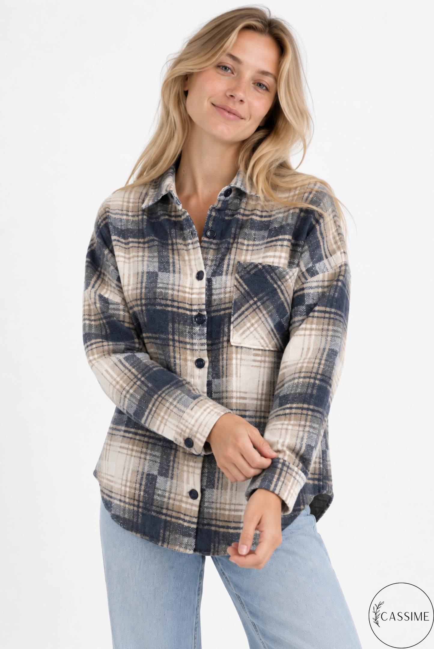 Chaqueta-camisa de cuadros de algodón azul suave crema Harper con capucha