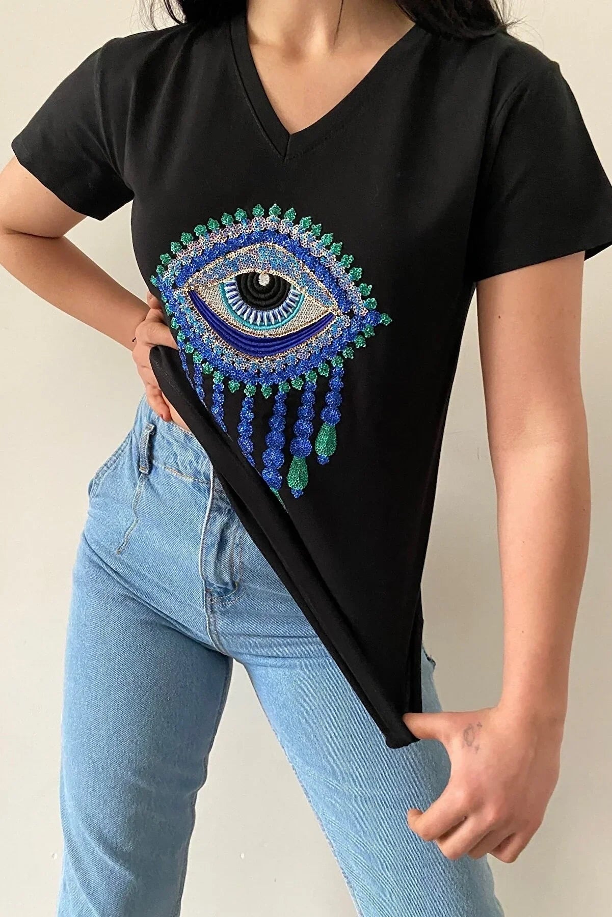 Tilda Nazar Boncuğu Pamuklu Tişört - Siyah 