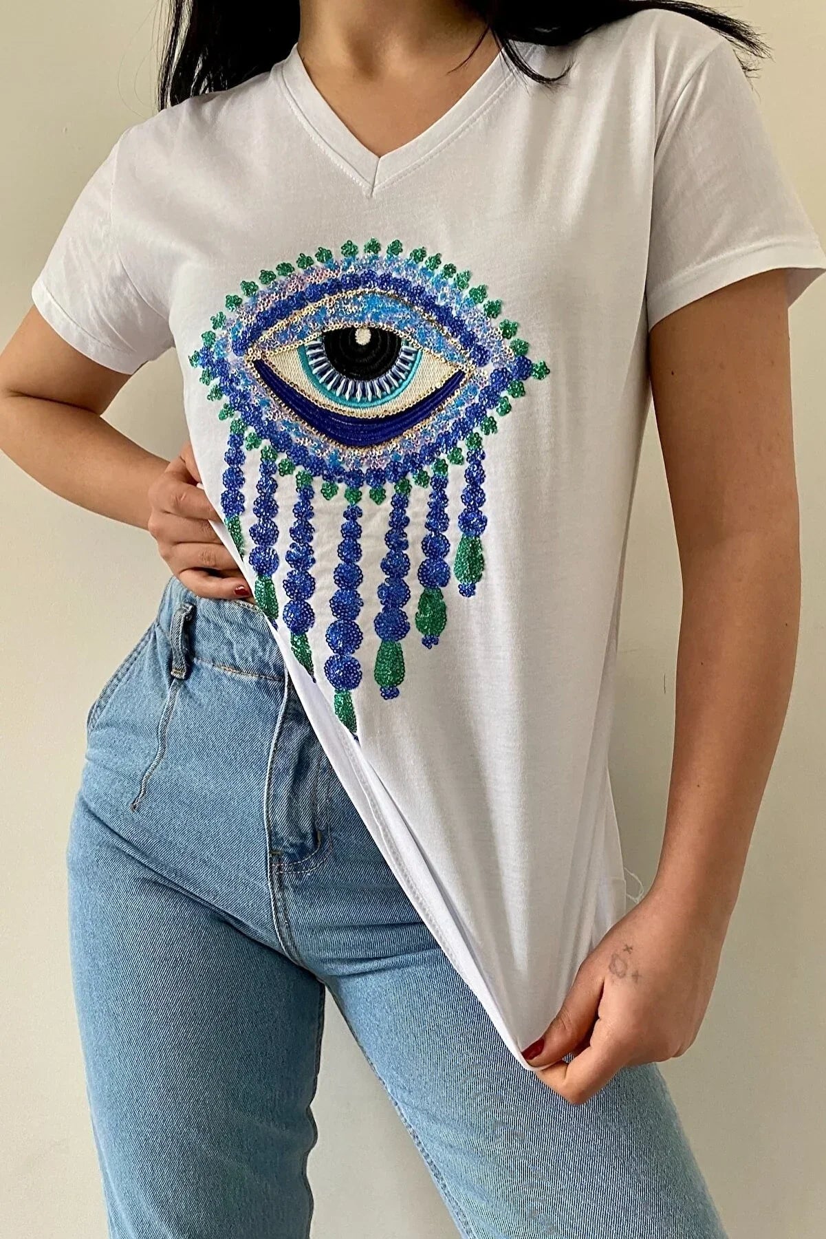 Tilda Evil Eye Sequin Cotton T-Shirt - White