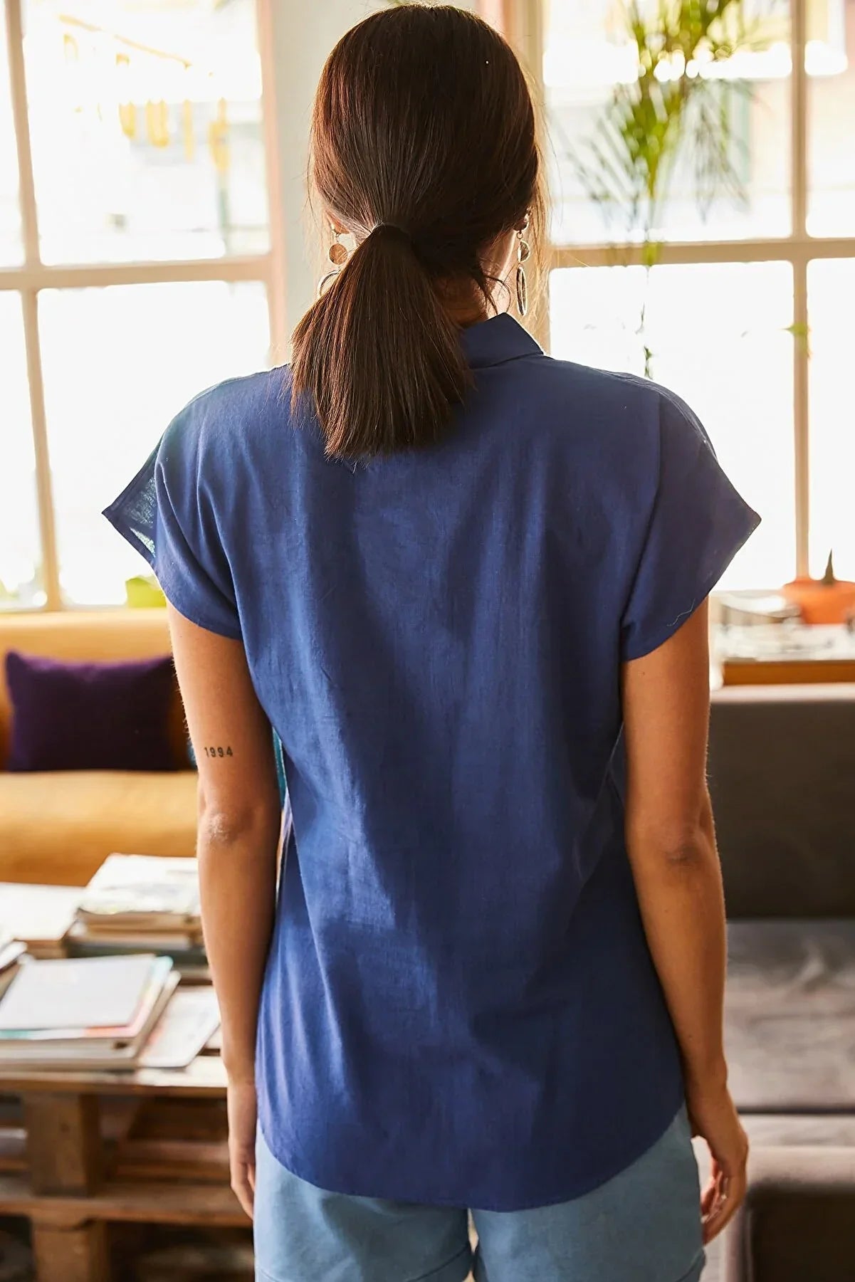 Adele Classic Linen Blend Button Down Short Sleeve Shirt