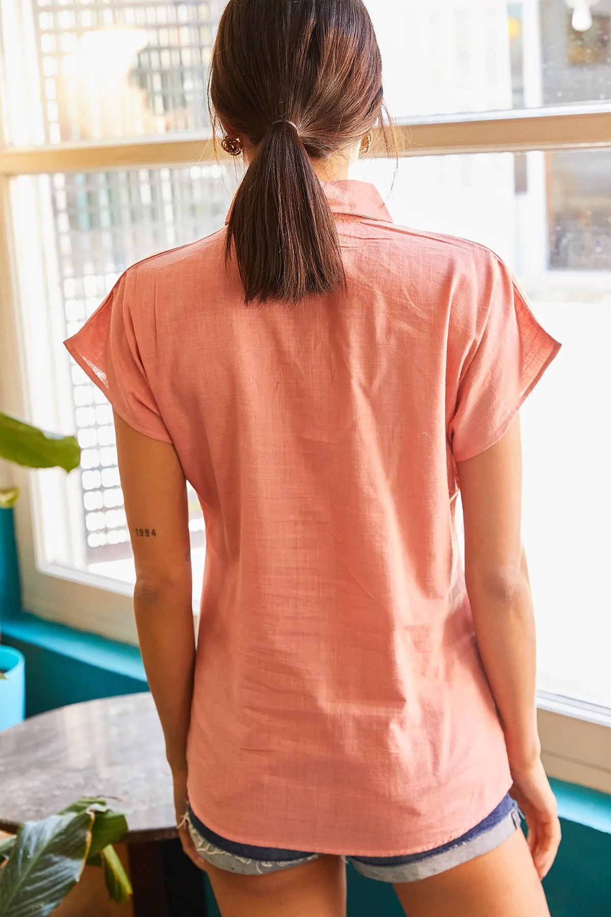 Adele Classic Linen Blend Button Down Short Sleeve Shirt