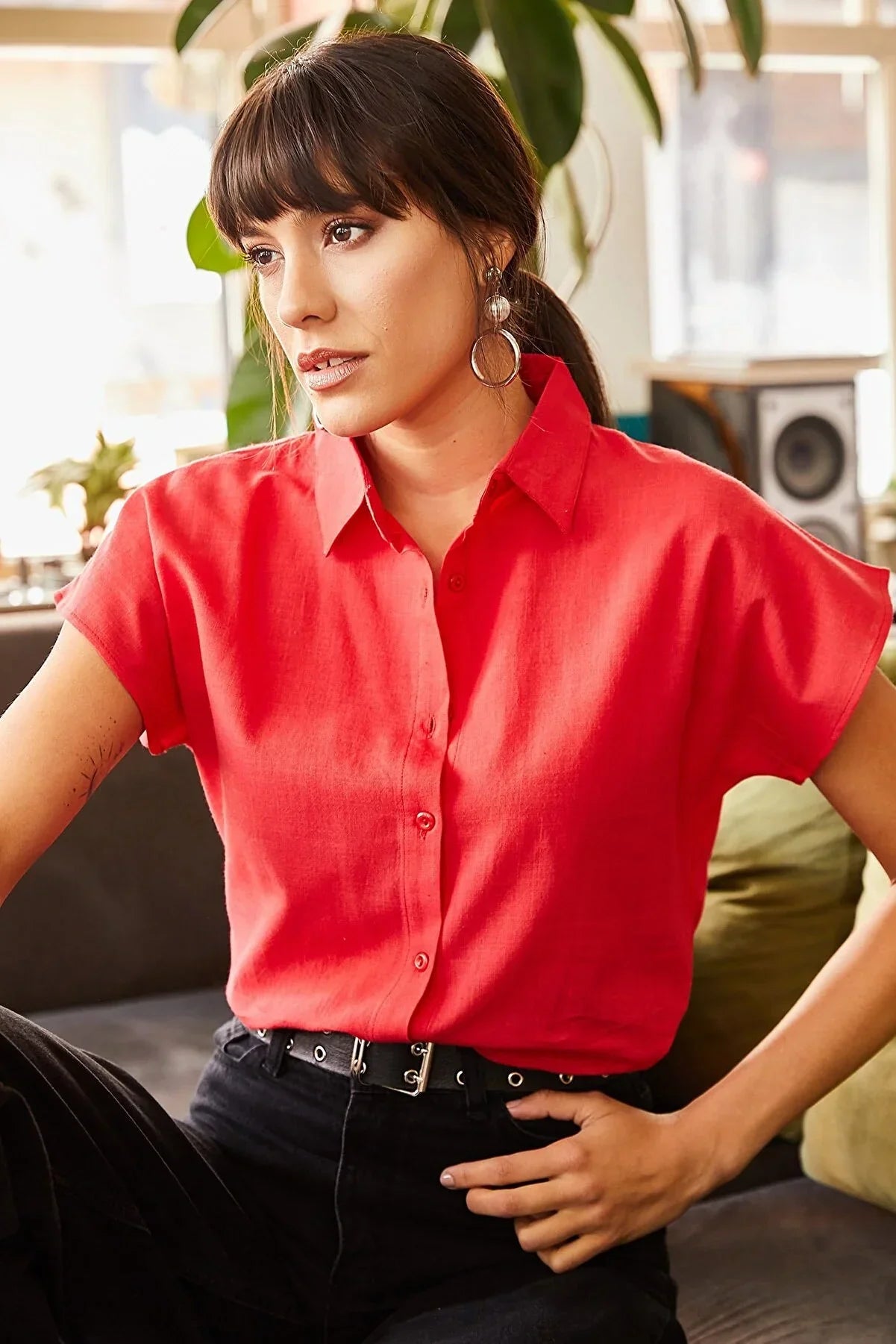 Adele Classic Linen Blend Button Down Short Sleeve Shirt