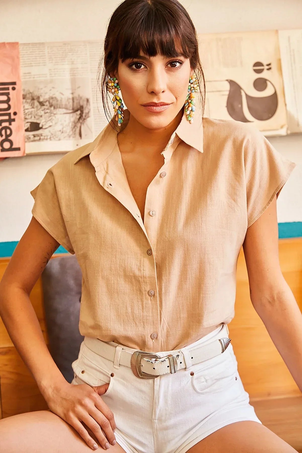 Adele Classic Linen Blend Button Down Short Sleeve Shirt