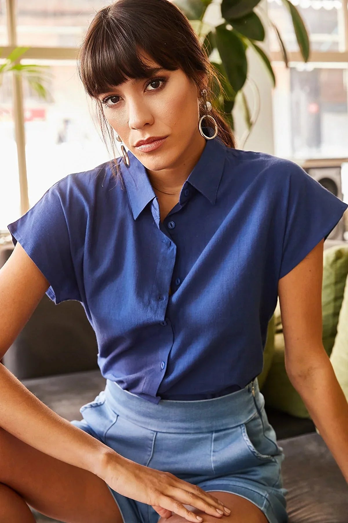 Adele Classic Linen Blend Button Down Short Sleeve Shirt