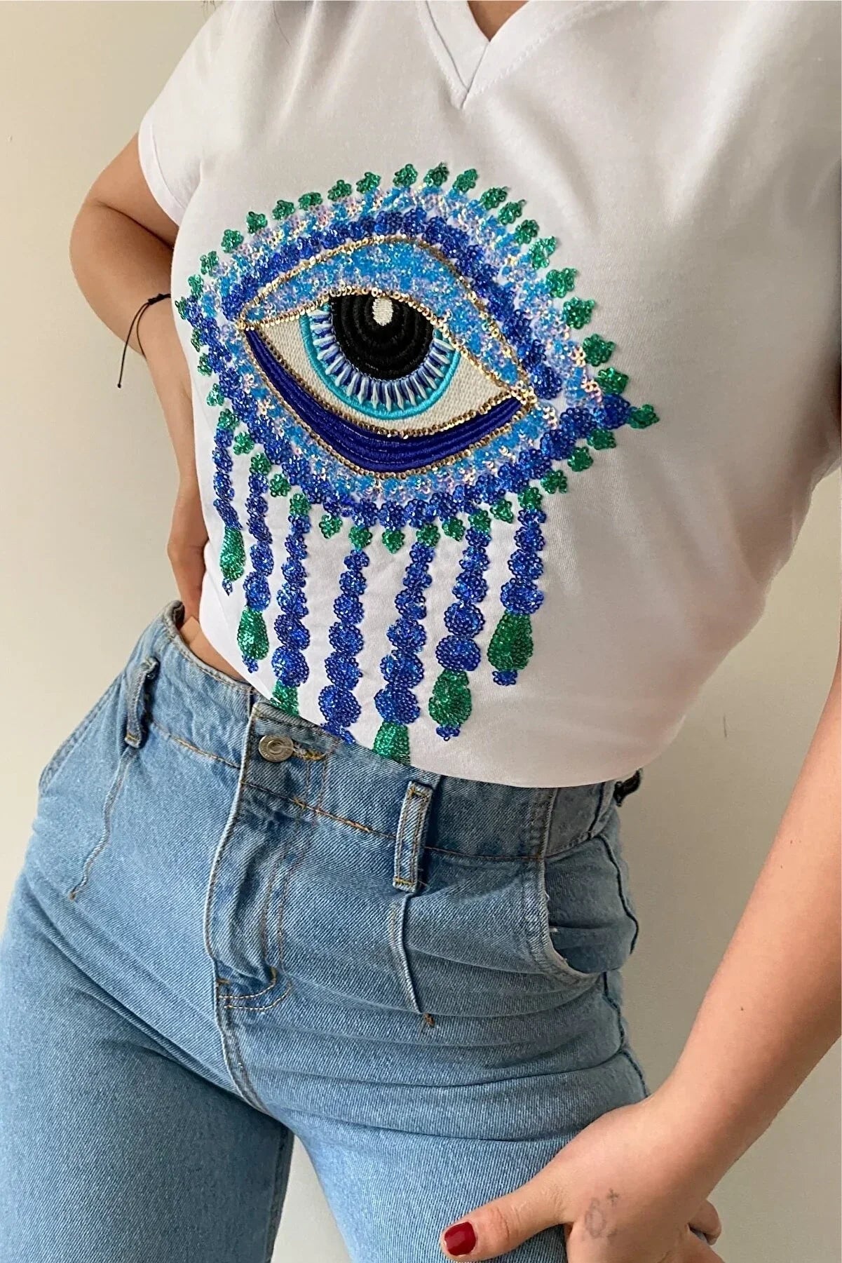 Tilda Evil Eye Sequin Cotton T-Shirt - White