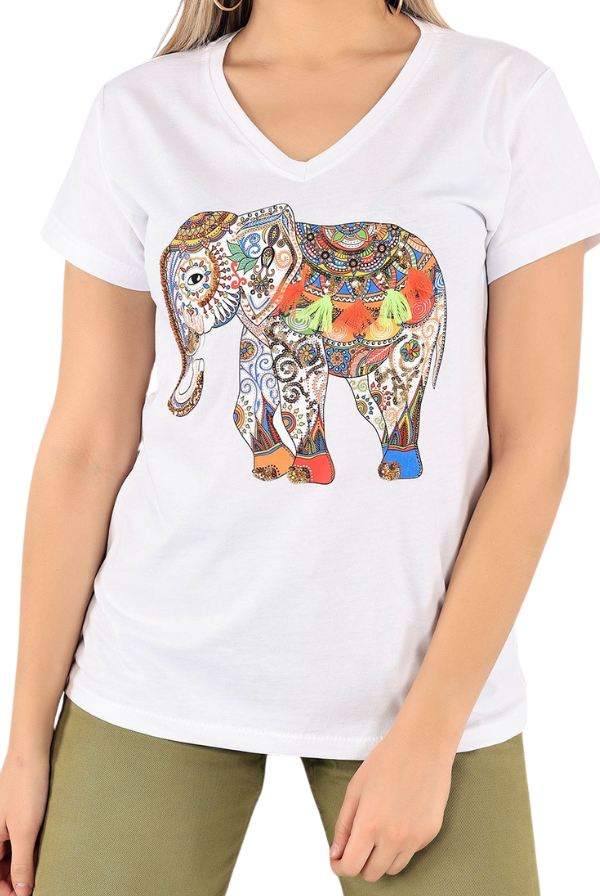 Tilda Fil Desenli Çiçek Payetli Pamuklu Tişört - Beyaz 