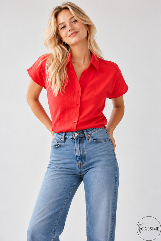 Camisa Elizabeth de manga corta estilo murciélago para mujer, mezcla de lino y viscosa - Rojo