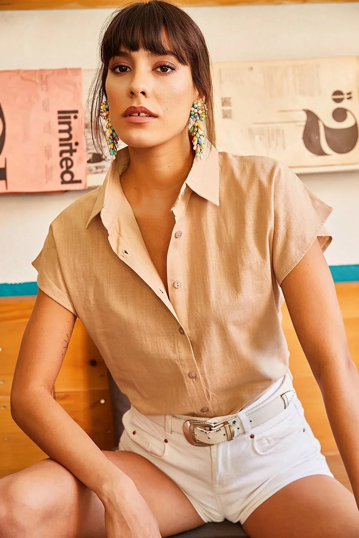 Adele Classic Linen Blend Button Down Short Sleeve Shirt