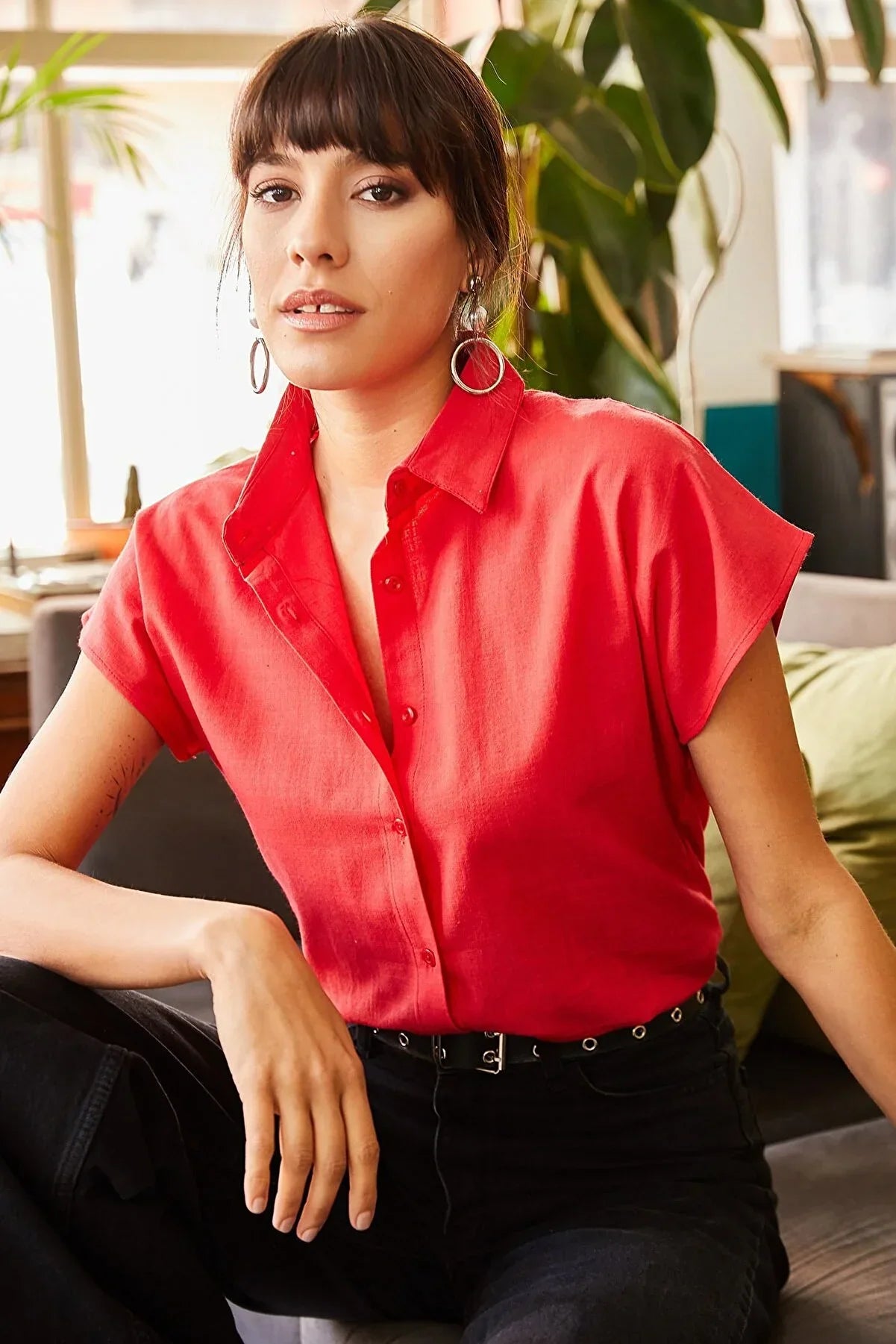 Adele Classic Linen Blend Button Down Short Sleeve Shirt