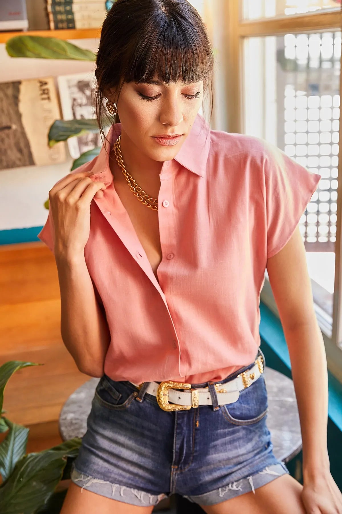 Adele Classic Linen Blend Button Down Short Sleeve Shirt