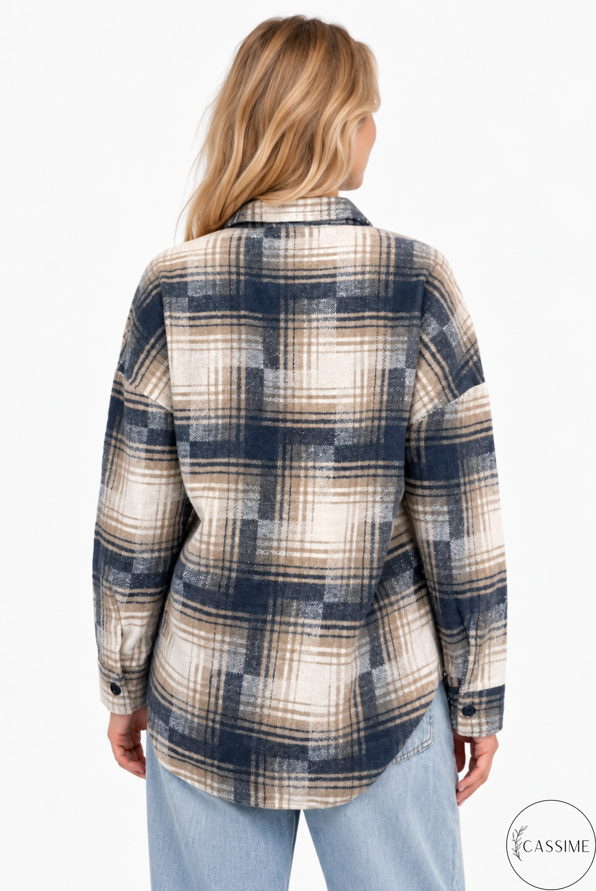 Chaqueta-camisa de cuadros de algodón azul suave crema Harper con capucha