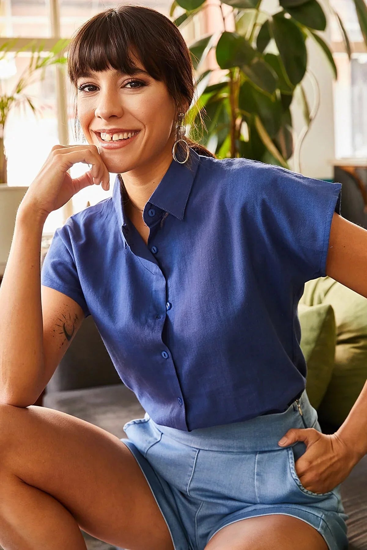 Adele Classic Linen Blend Button Down Short Sleeve Shirt