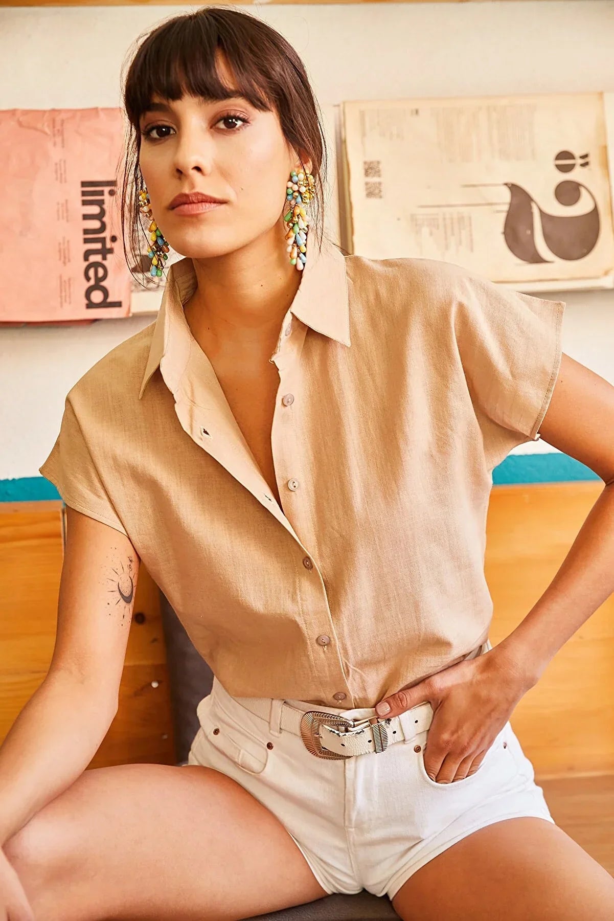 Adele Classic Linen Blend Button Down Short Sleeve Shirt