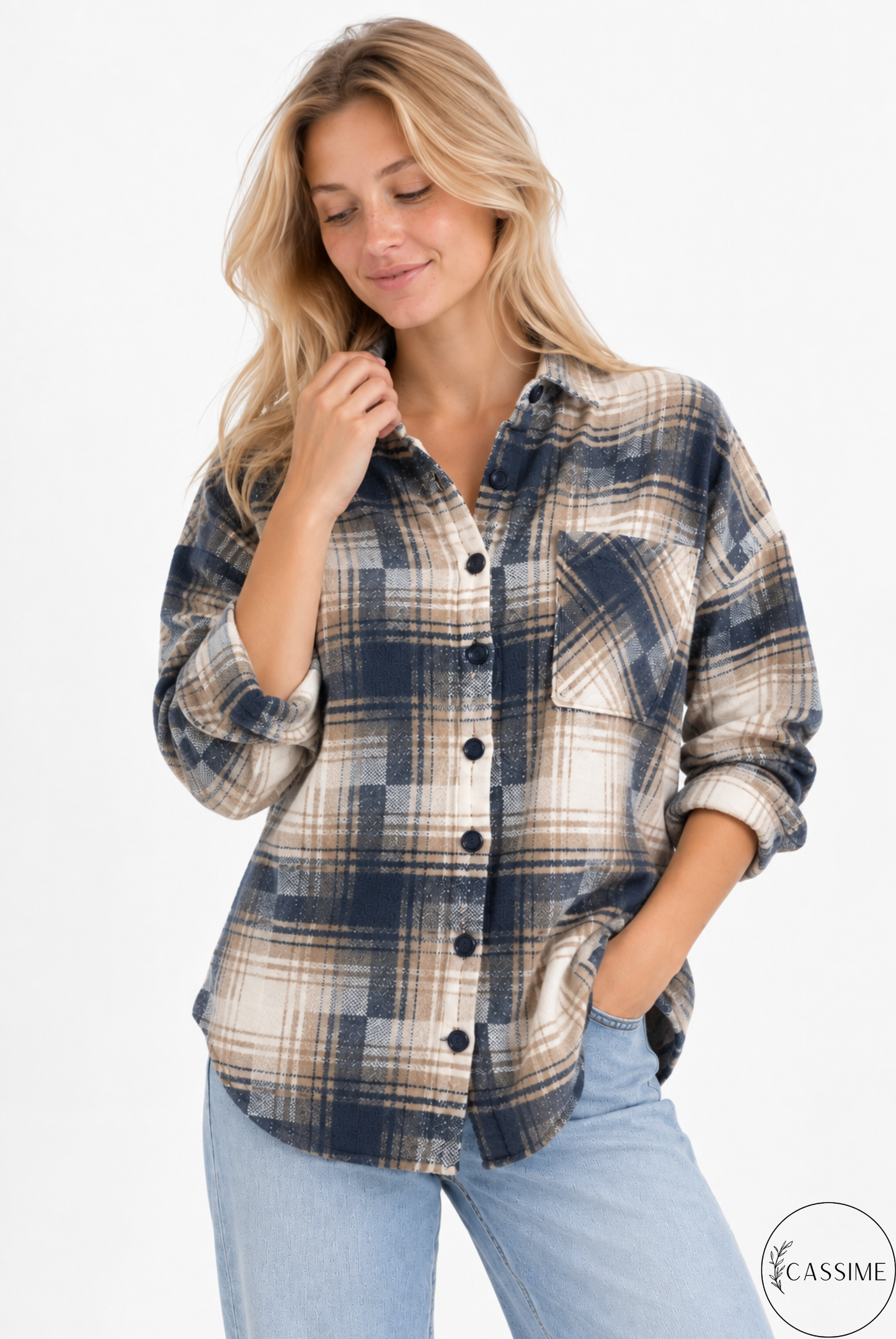 Chaqueta-camisa de cuadros de algodón azul suave crema Harper con capucha