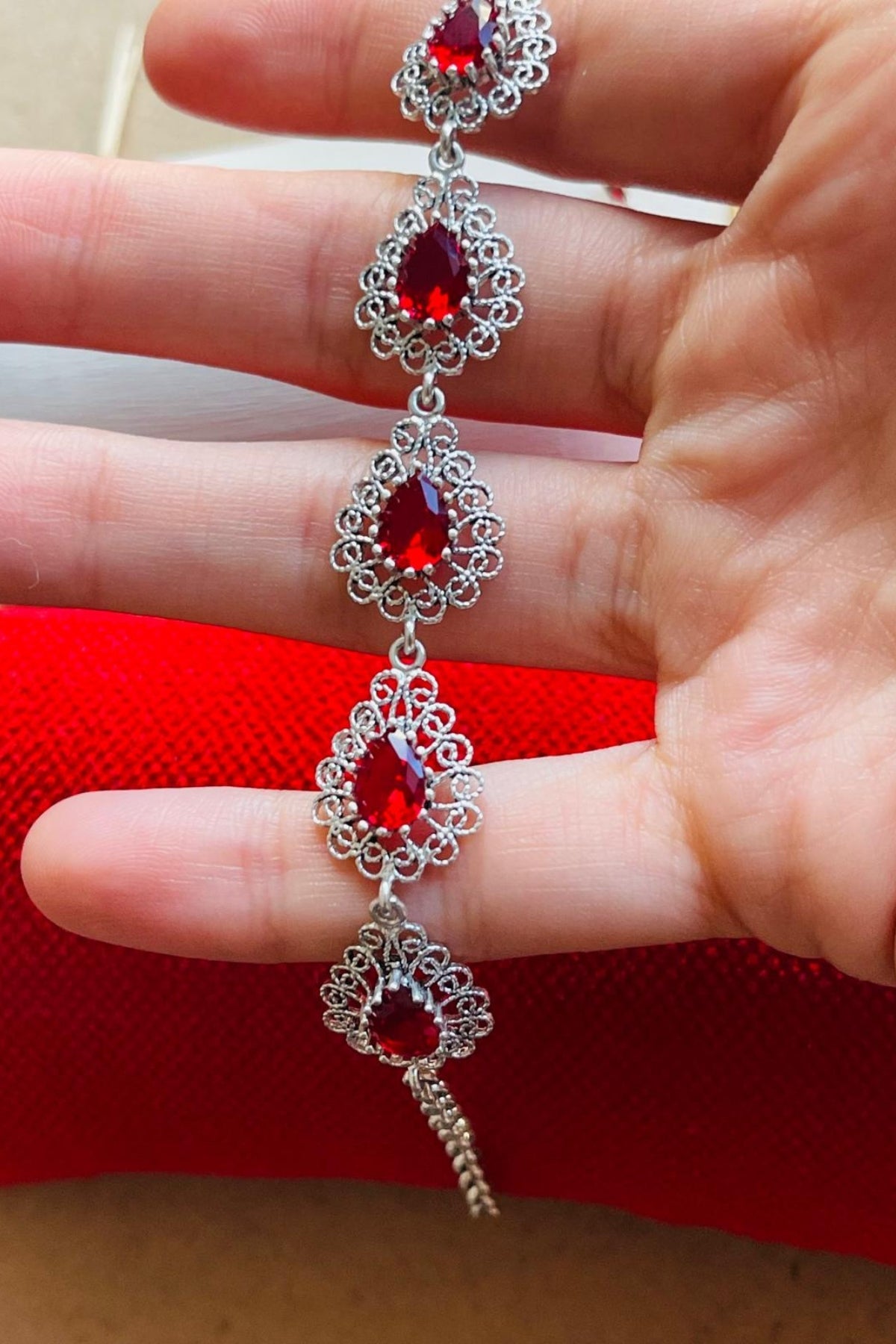 Ασημένιο βραχιόλι Filigree Art Ruby Gemstone Link με κρίκους από ρουμπίνι και ασήμι 925