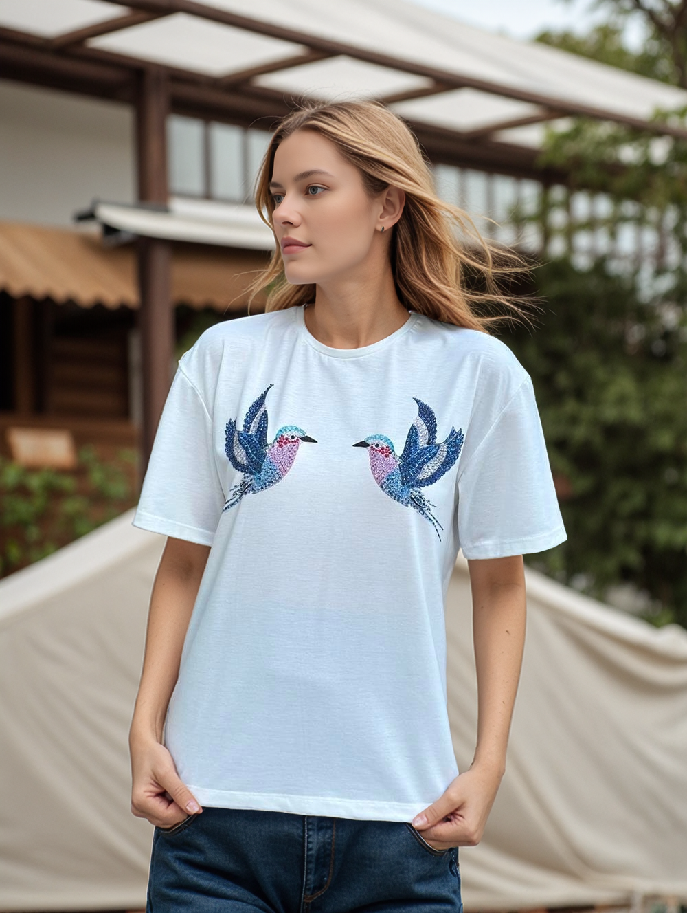 Camiseta Tilda Cactus Floral de Algodón con Lentejuelas - Negro