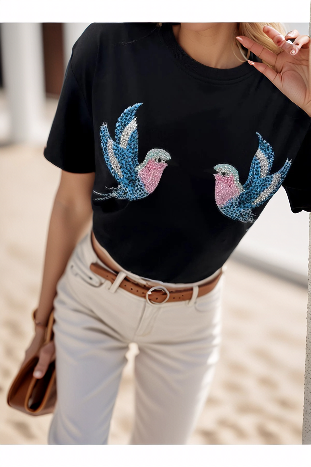 Camiseta Tilda Cactus Floral de Algodón con Lentejuelas - Negro