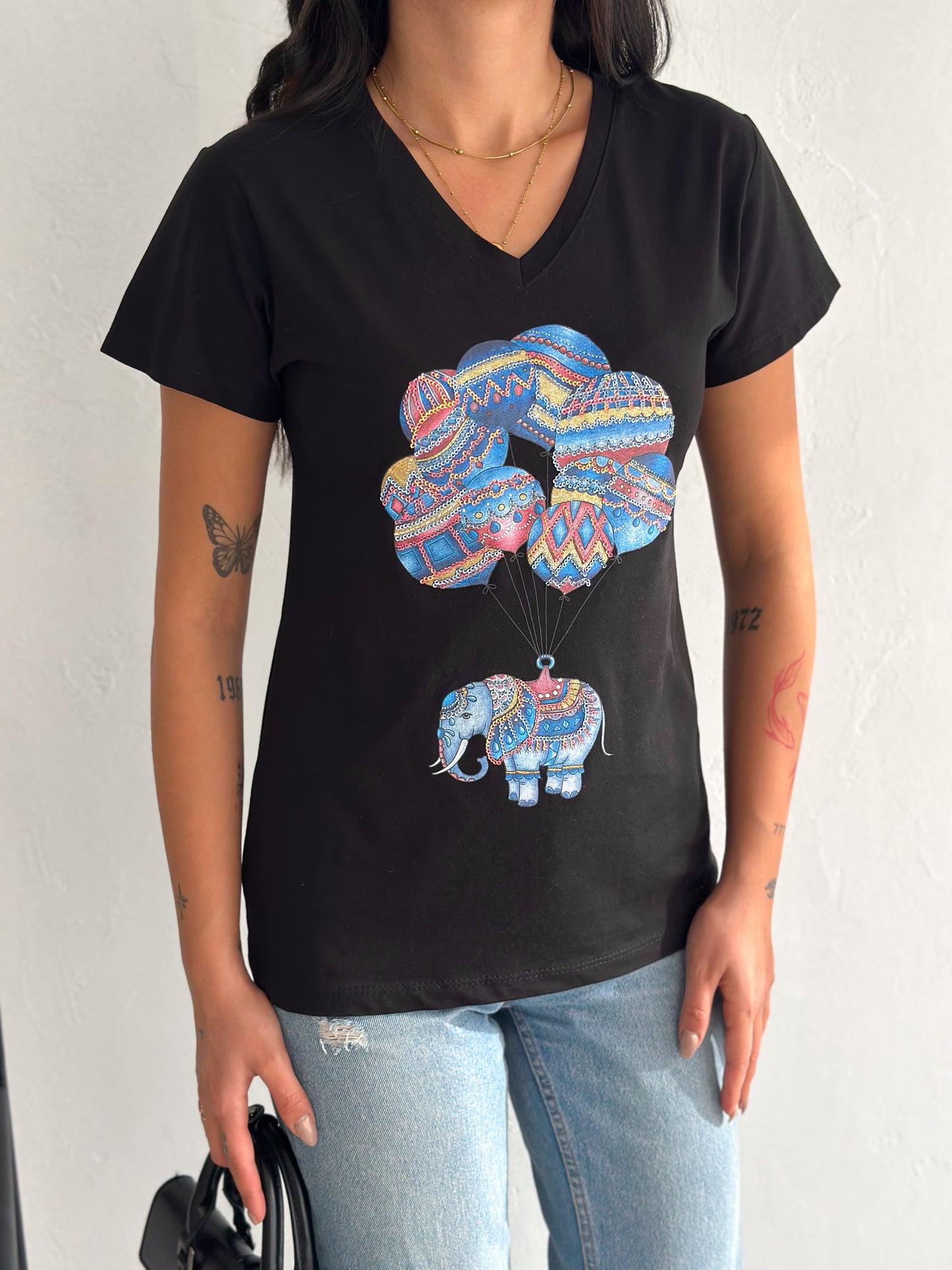 Tilda Black Elephant Balloon Sequin Cotton Short Sleeve T-Shirt