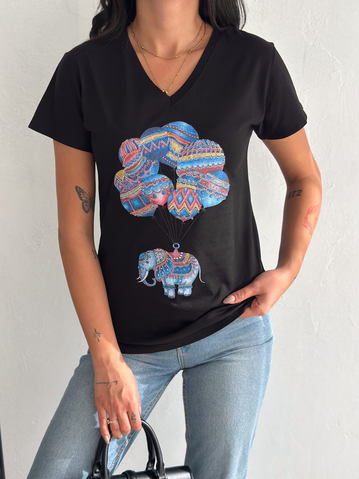 Tilda Black Elephant Balloon Sequin Cotton Short Sleeve T-Shirt