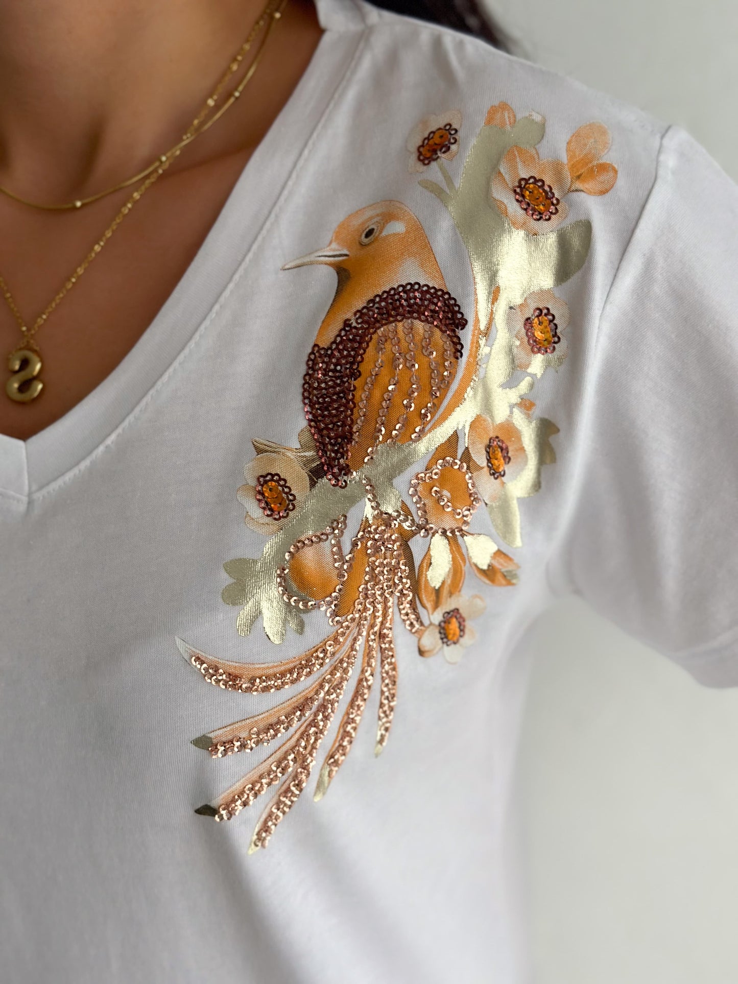 Tilda White Gold Bird Sequin Cotton Short Sleeve T-Shirt