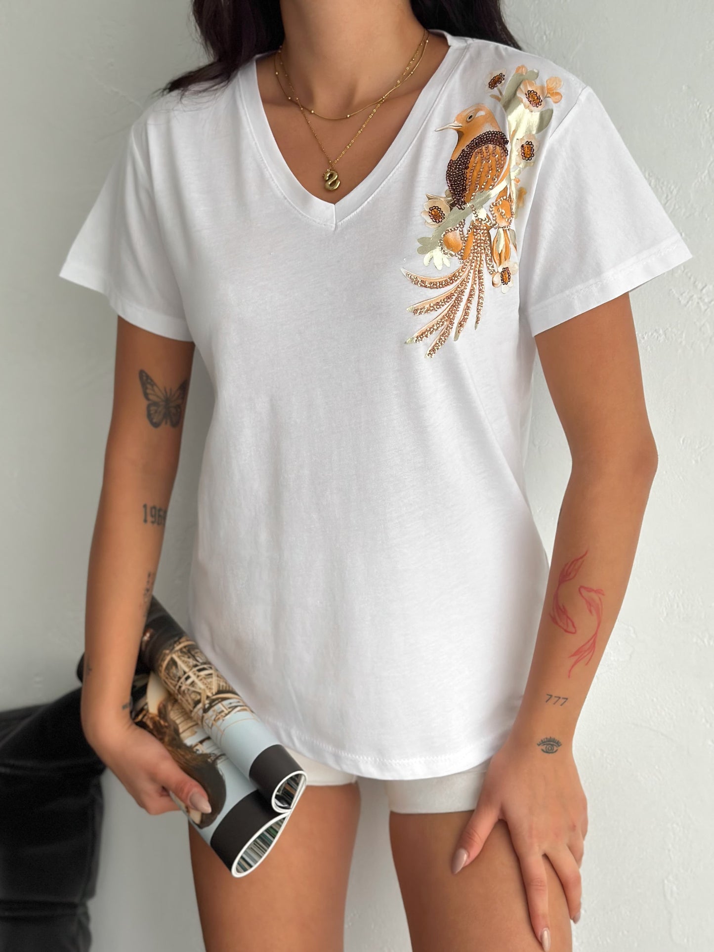 Tilda White Gold Bird Sequin Cotton Short Sleeve T-Shirt