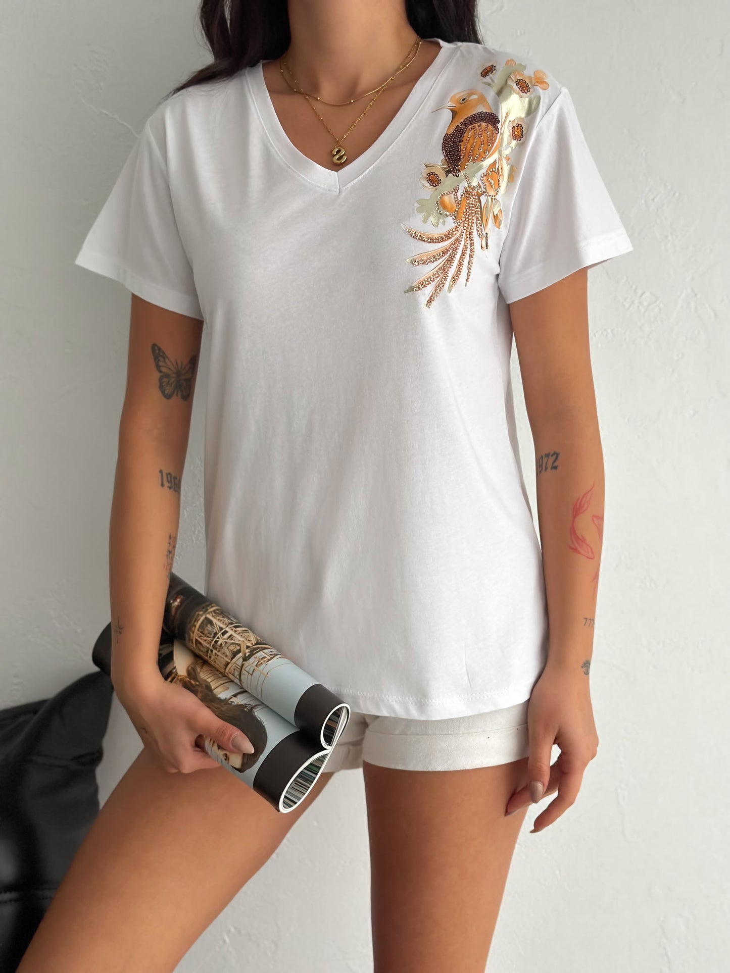 Tilda White Gold Bird Sequin Cotton Short Sleeve T-Shirt