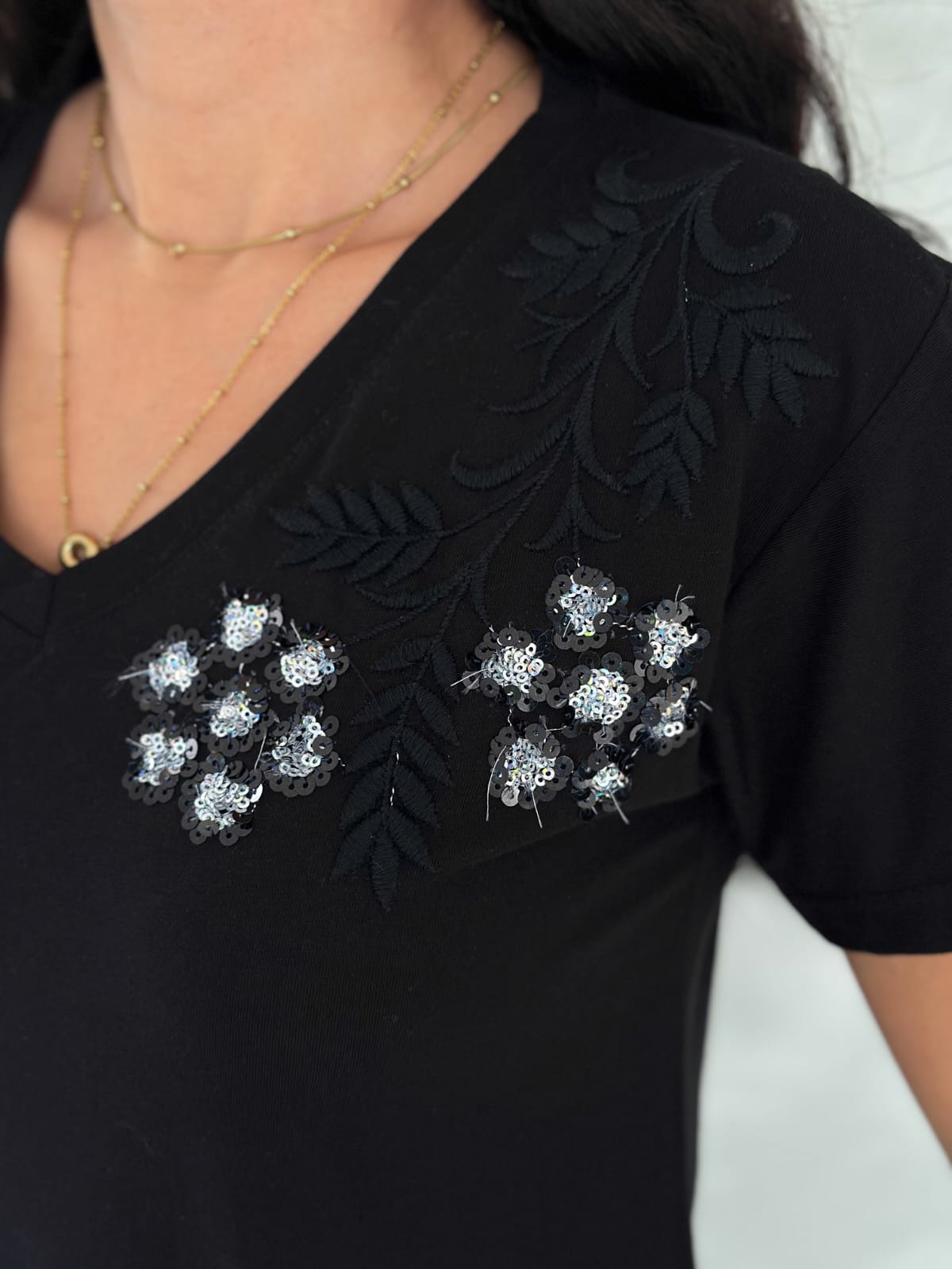 Tilda Black Floral Sequin Cotton Short Sleeve T-Shirt