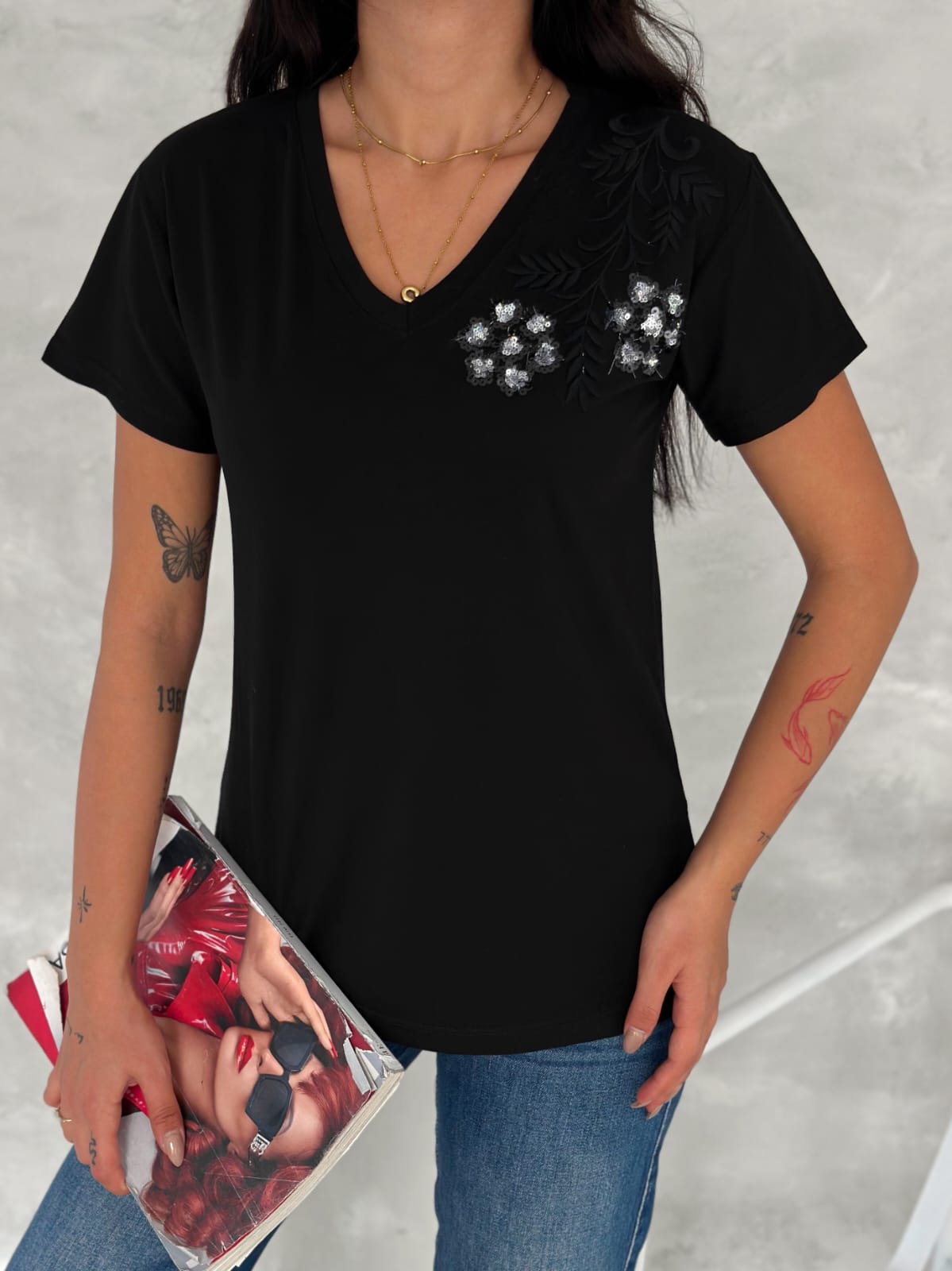 Tilda Black Floral Sequin Cotton Short Sleeve T-Shirt