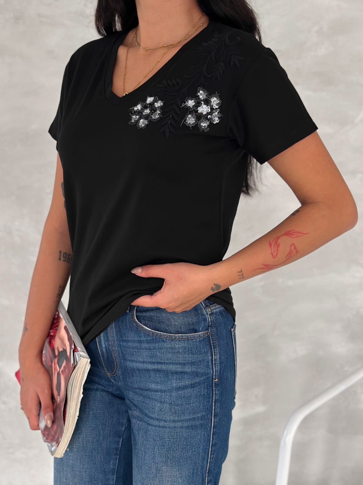 Tilda Black Floral Sequin Cotton Short Sleeve T-Shirt