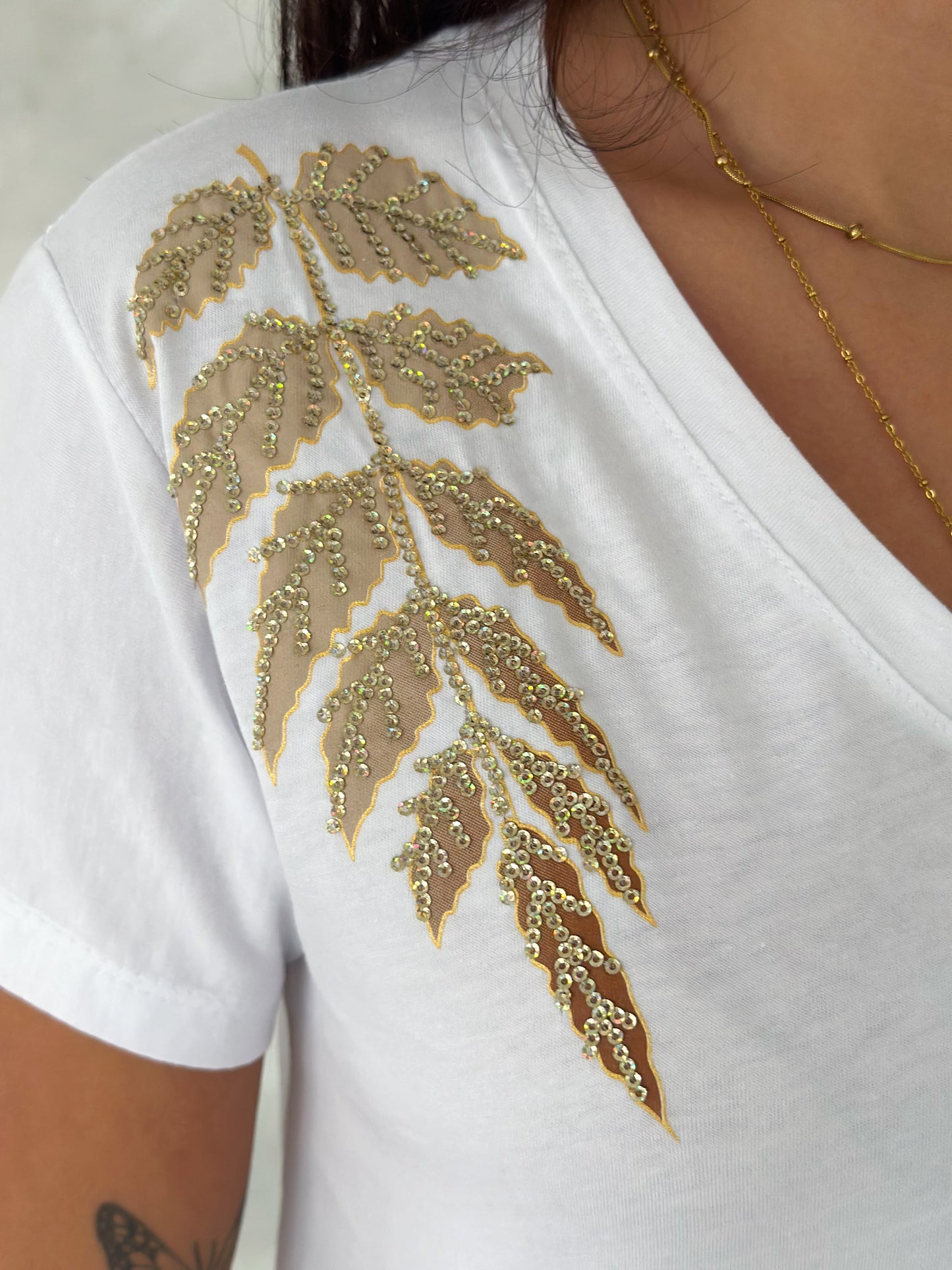 Tilda White Gold Leaf Sequin Cotton Short Sleeve T-Shirt